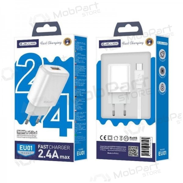 Laadija buitinis Jellico EU01 2.4A USB + Type-C valged