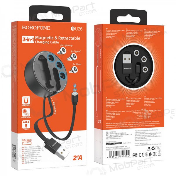USB kaabel Borofone BU26 3in1 microUSB-Lightning-Type-C magnetinic 1.0m (mustad)