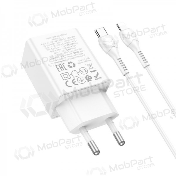 Telefoni laadija Hoco N71 30 W GaN USB-C + USB-A koos Lightning kaabliga 1 m valge