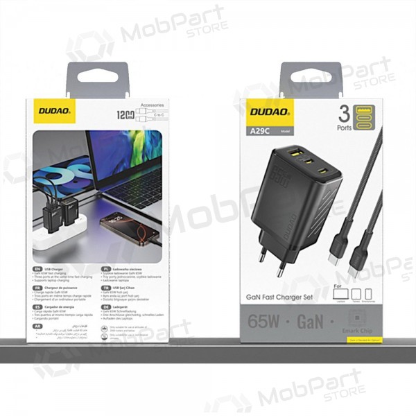 Telefoni laadija Dudao A28PC 45 W GaN 2x USB-C USB-C kaabliga 1 m must