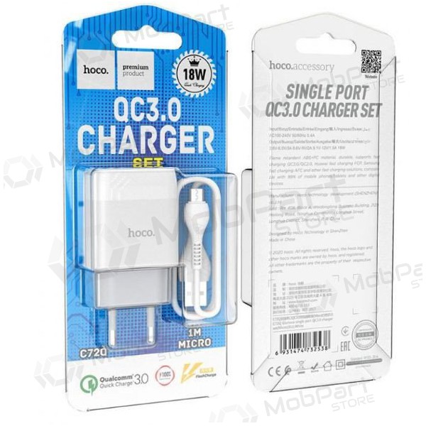 Laadija HOCO C72Q Glorious USB + microUSB kaabel (QC3.0) (valged)