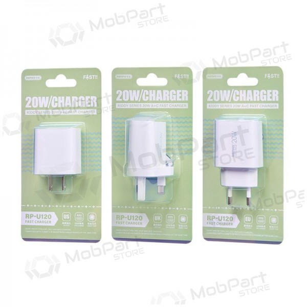 Telefoni laadija Remax RP-U120 20 W USB-C + USB-A valge