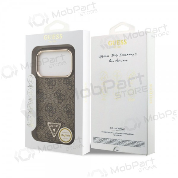 Apple iPhone 18 Pro ümbris - Guess PU Leather 4G Strass Triangle Logo Gold Frame MagSafe (pruun)