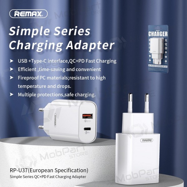 Telefoni laadija Remax RP-U37 20 W USB-C + USB-A valge