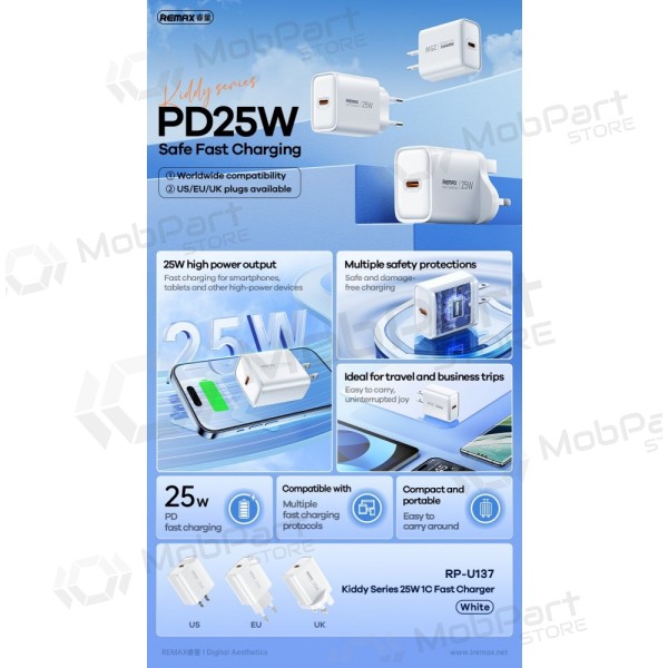 Telefoni laadija Remax RP-U137 25 W USB-C valge
