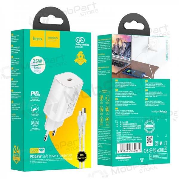 Hoco N22 25 W USB-C telefonilaadija koos Lightning kaabliga 1 m valge