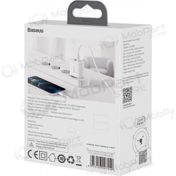 Laadija Baseus USB + Type-C 20W CCXJ-B02 (valged)