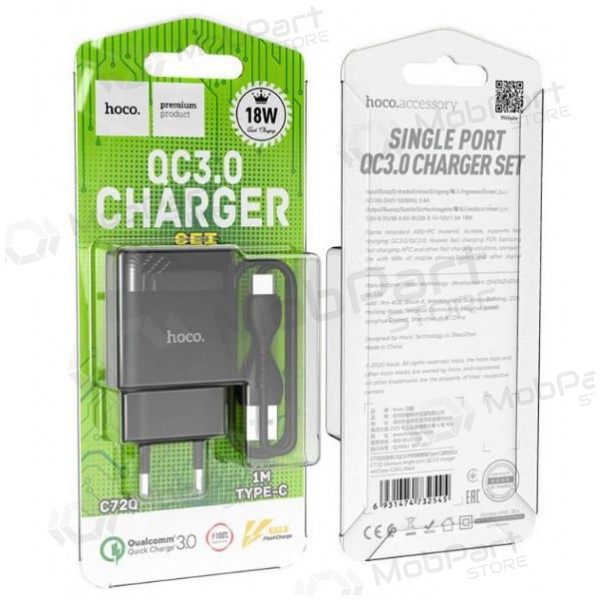 Laadija HOCO C72Q Glorious USB + type-C kaabel (QC3.0) (mustad)