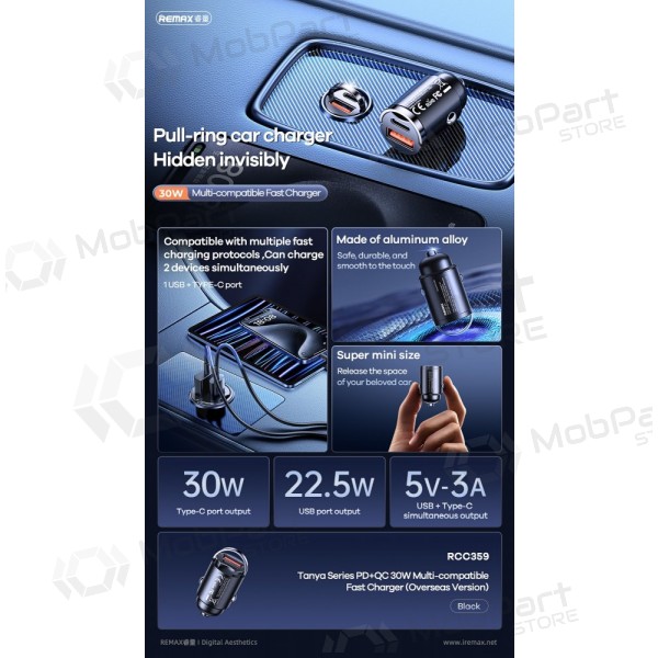 Autolaadija Remax RCC359 30 W USB-C + USB-A must