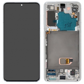Ekranas Samsung G991 S21 5G su lietimui jautriu stikliuku ja rėmeliu Phantom White originaalne (service pack)