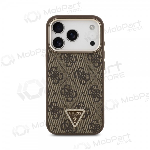 Apple iPhone 18 Pro ümbris - Guess PU Leather 4G Strass Triangle Logo Gold Frame MagSafe (pruun)