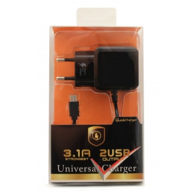 Laadija F13c FastCharging x 2 USB (3.1A) + microUSB (mustad)