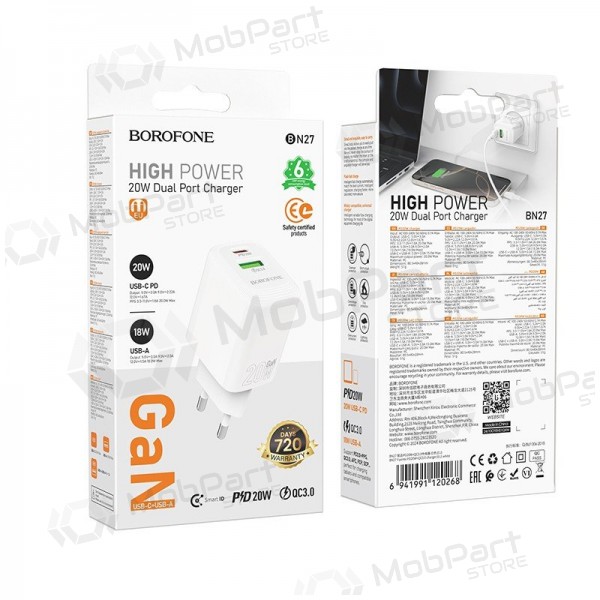 Laadija Borofone BN27 20W USB-C/USB-A valged