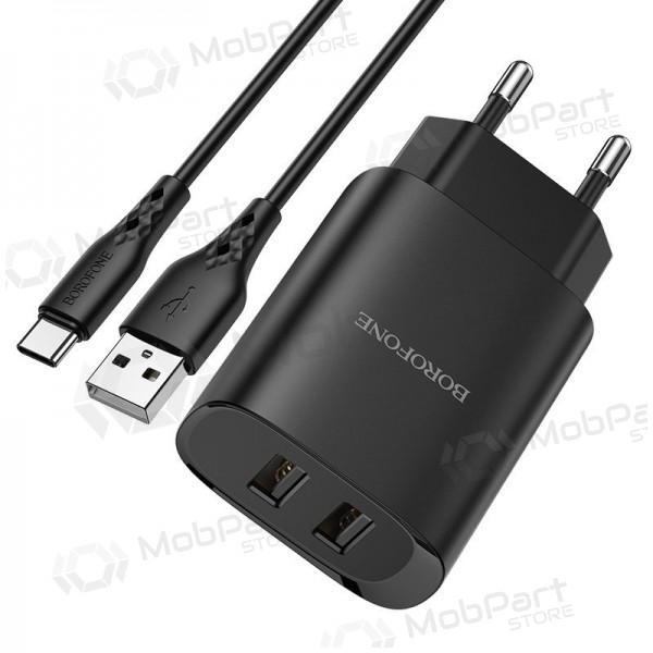 Laadija Borofone BN2 2xUSB 2.1A + USB Type-C (mustad)