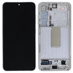 Ekranas Samsung S911 S23 5G su lietimui jautriu stikliuku ja rėmeliu Cream originaalne (service pack)