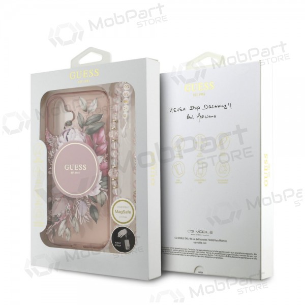 Apple iPhone 17 ümbris - Guess IML Flowers Strap MagSafe (roosa)