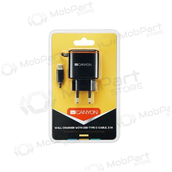 Laadija CANYON CNE-CHA042 + Type-C kaabel (1xUSB 5V 2.1A) (mustad)