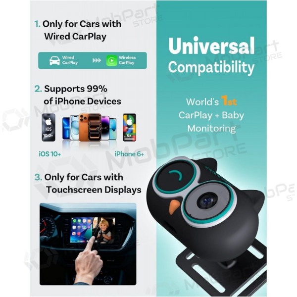 Juodas juhtmevaba CarPlay adapter Ottocast Cabin Care CA520-T mobiilse lapsehoidja funktsiooniga
