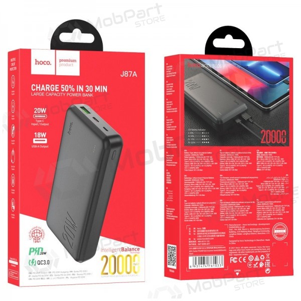 Väline patarei / aku Power Bank Hoco J87A Type-C PD 20W+Quick Charge 3.0 20000mAh mustad