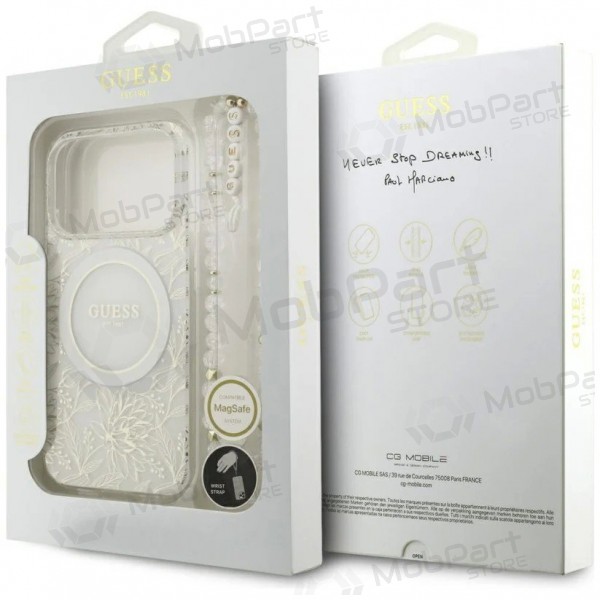 Apple iPhone 18 Pro ümbris - Guess IML Flowers Allover Strap MagSafe (valge)