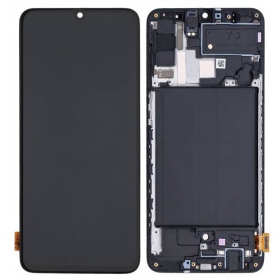 Ekranas Samsung A705 A70 2019 su lietimui jautriu stikliuku ja rėmeliu Black OLED (real size)